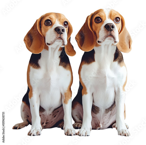 Two beagle dogs sitting side by side on a white isolated background. photo