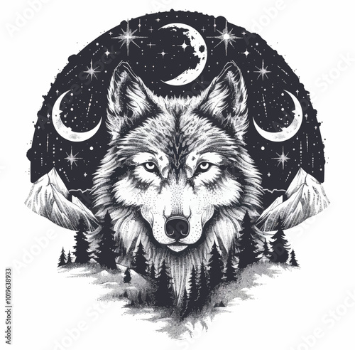 Wolf with Mountains and Moon in Night Sky  
