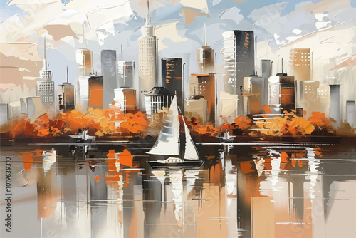 Sailboat in Cityscape Painting  
