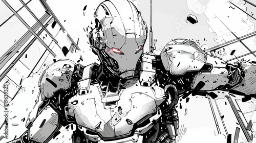 Black and White Robot Illustration 

