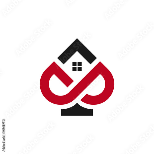 A logo featuring a house shape formed by an infinity symbol and a spade symbol. The house has a single window.