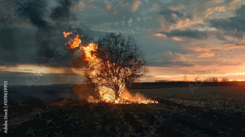 Tree Ablaze in Field at Sunset