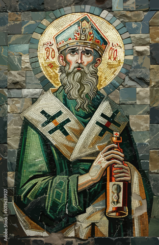 Mosaic Tile Artwork of a Religious Figure Holding a Bottle 
