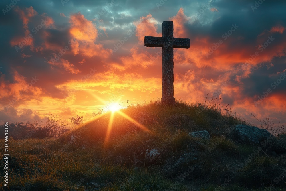 silhouette of weathered cross on grassy hilltop at dawn dramatic rays of sunlight piercing through clouds symbolizing hope and spiritual awakening silhouette of weathered cross on grassy hilltop at dawn dramatic rays of sunlight piercing through clouds symbolizing hope and spiritual awakening