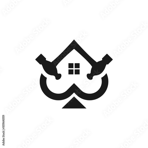 A logo featuring a house shape formed by two hands holding a spade symbol. The house has a single window.