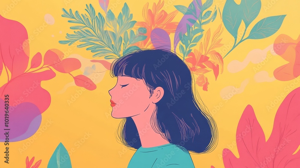 A Serene Woman With Flowing Hair Surrounded by Vibrant Foliage on a Sunny Backdrop Evokes Harmony and Tranquility A Serene Woman With Flowing Hair Surrounded by Vibrant Foliage on a Sunny Backdrop Evokes Harmony and Tranquility