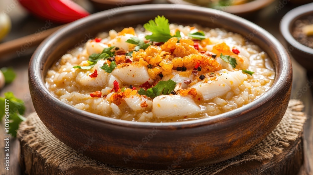 Creamy Seafood Dish in Rustic Bowl with Herbs