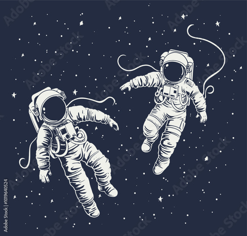 Astronauts Floating in Space with Stars 
