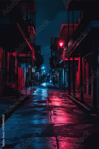 Neon Lights Reflect on Wet Street at Night 

