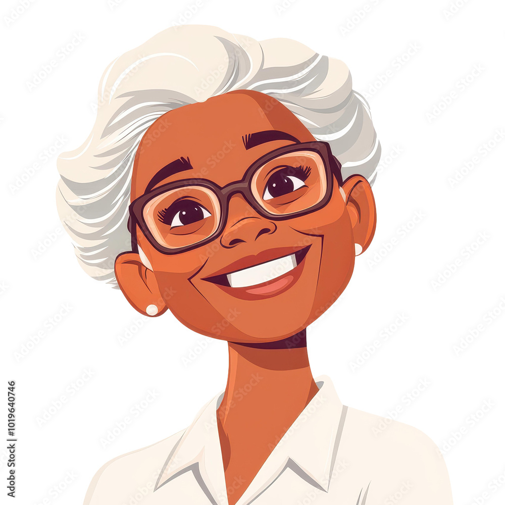 A cheerful elderly woman with glasses, showcasing warmth and joy, portrayed in a delightful cartoon style illustration. A cheerful elderly woman with glasses, showcasing warmth and joy, portrayed in a delightful cartoon style illustration.