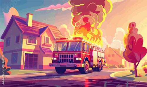 Firetruck Responding to a House Fire in a Suburb  
