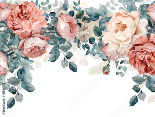 Watercolor Roses and Greenery Border 
