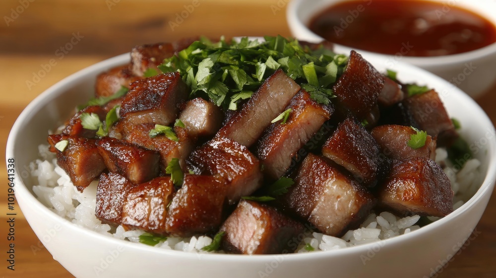 Delicious Pork Dish with Rice and Fresh Herbs Delicious Pork Dish with Rice and Fresh Herbs