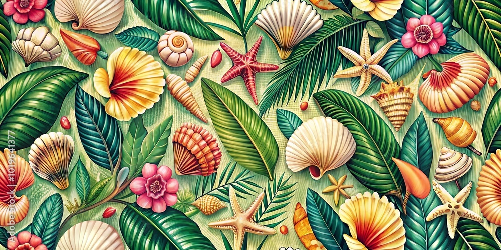 Naklejka premium Tropical Flora and Fauna in a Whimsical Tapestry of Lush Green Foliage, Exquisite Shells, and Intricate Starfish
