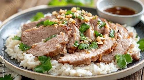 Succulent Slice of Meat on Rice with Garnish