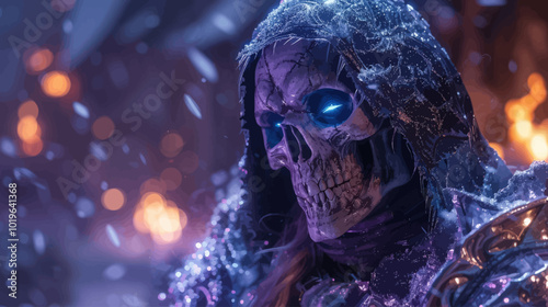 Skeleton with glowing eyes in snowy landscape. 
