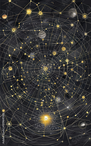 Golden Constellation Network on Black Background 
