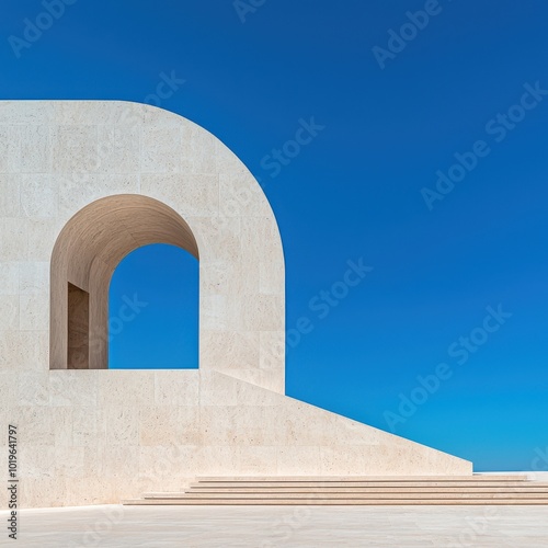 Modern architectural structure featuring a unique arch against a clear blue sky, showcasing minimalist design. photo