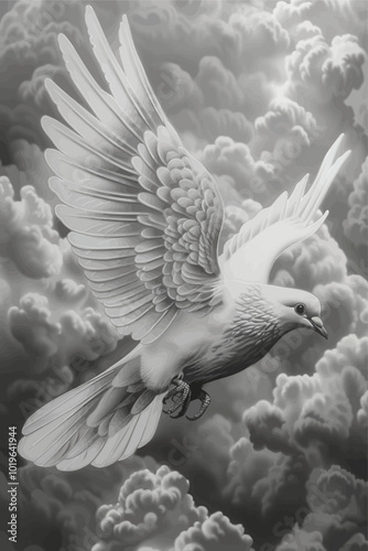 White Dove Soaring Through Clouds 

