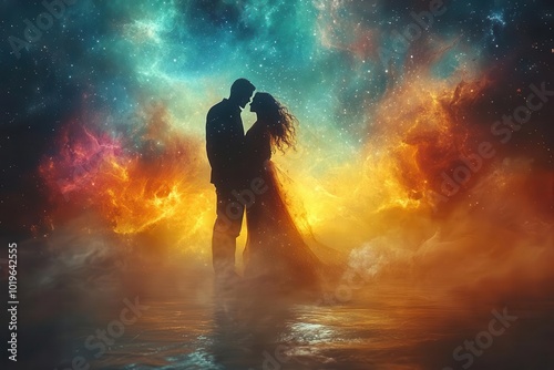 silhouettes of a man and woman stand against an abstract cosmic background embodying the essence of love and spirituality in a captivating esoteric visual narrative