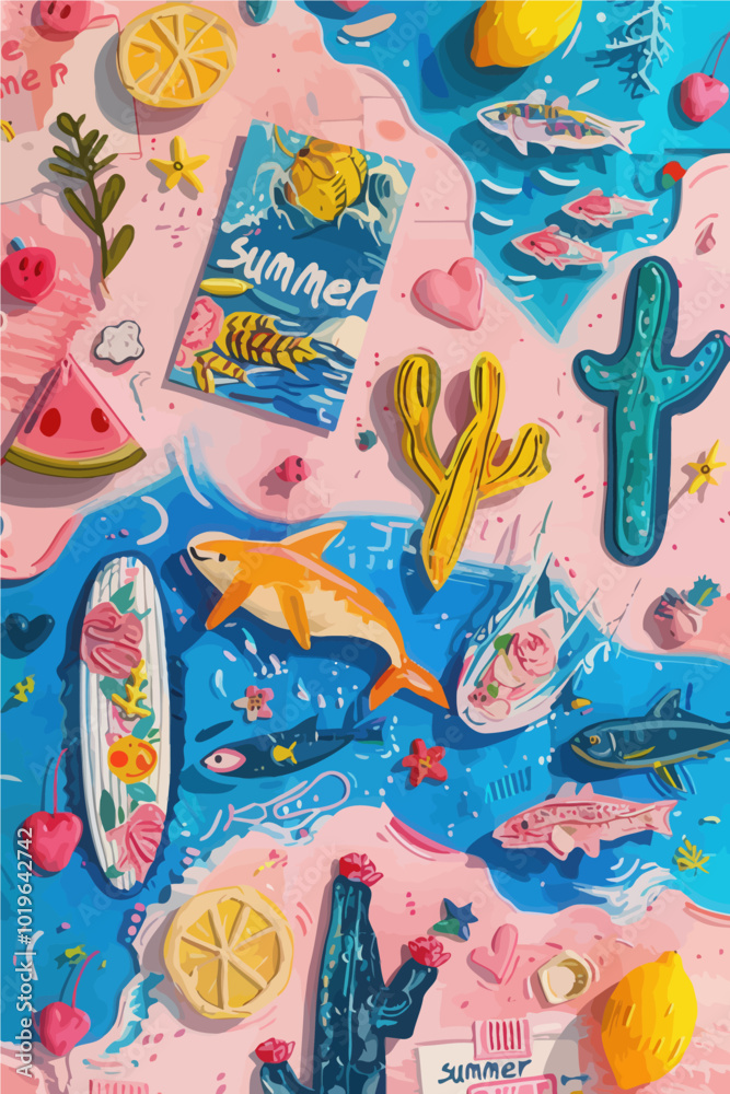 Naklejka premium Summer Collage with Cactus and Fruit