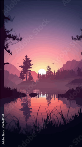 Sunset over a lake in the forest