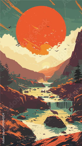 Sunset Over a Mountain River and Waterfall with a Bird 
