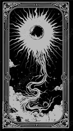 Skull Sun in the Sky with Clouds and Stars 
