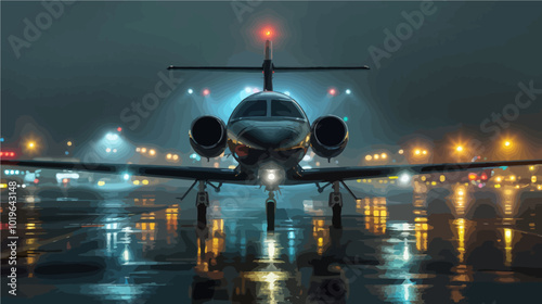 Private Jet on Runway at Night 
