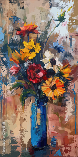 Colorful Flowers in a Blue Vase, Oil Painting