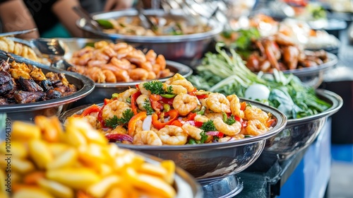 Vibrant Local Market Display Featuring an Array of Shrimp Dishes and Fresh Vegetables During a Sunny Afternoon