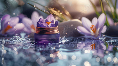 Purple Cream Jar in Water with Crocuses