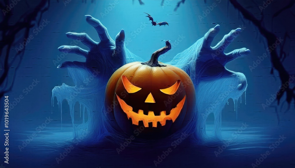 Fototapeta premium Halloween Night Horror, Scarecrow Pumpkin Monster with Menacing Grin