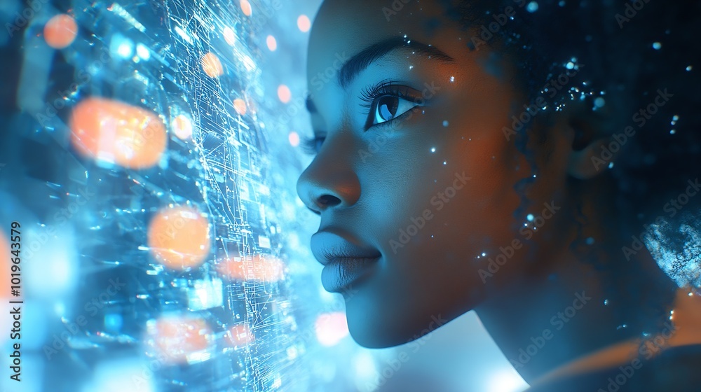 Young black woman operating holographic screen and global communication network concept Wide angle visual for banners or advertisements : Generative AI Young black woman operating holographic screen and global communication network concept Wide angle visual for banners or advertisements : Generative AI