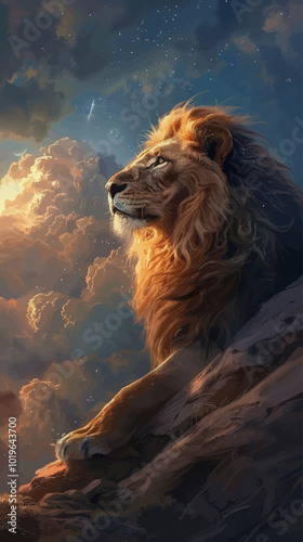 Lion on a Cliff at Sunset