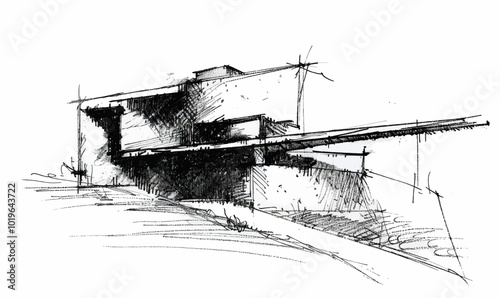 Hand-Drawn Sketch of a Modern Building Design 
