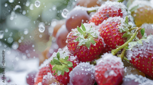 Frosted Strawberries and Grapes with Water Droplets