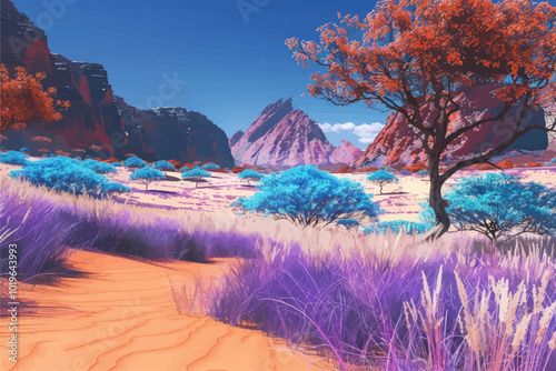 Surreal Landscape with Purple Grass and Blue Trees  
