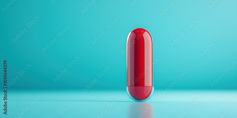 Single red capsule on a smooth surface with a blue background, representing health and wellness themes. Single red capsule on a smooth surface with a blue background, representing health and wellness themes.