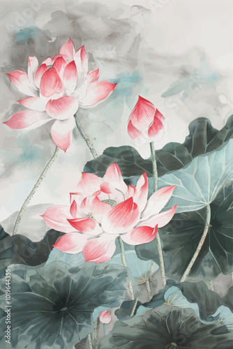 Pink Lotus Watercolor Painting  
