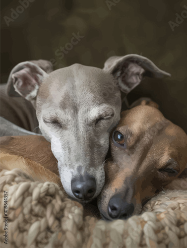 Two Dogs Snuggling on Blanket