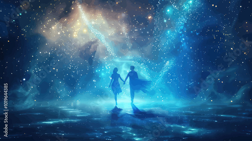 Silhouettes of Couple Walking on Water with Stars 
