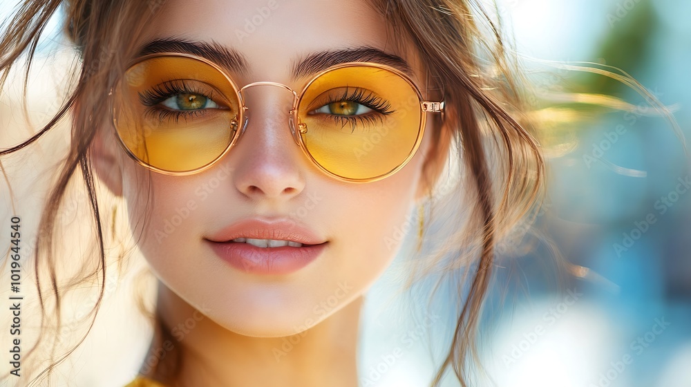 Fototapeta premium trendy woman young attractive fashion brunette yellow sunglasses beautiful girl lifestyle : Generative AI