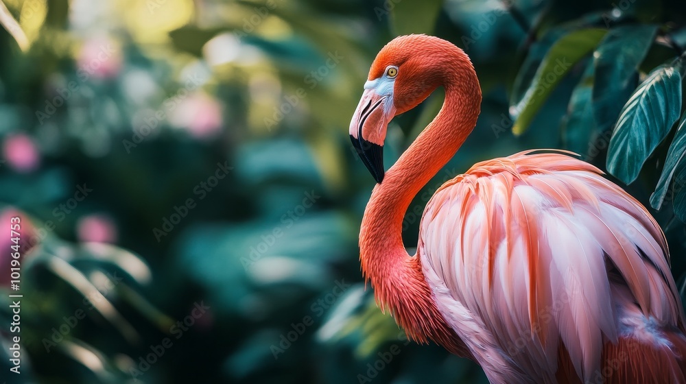 Obraz premium A Graceful Flamingo Standing Elegantly Among Lush Greenery During a Sunny Afternoon in a Tropical Paradise