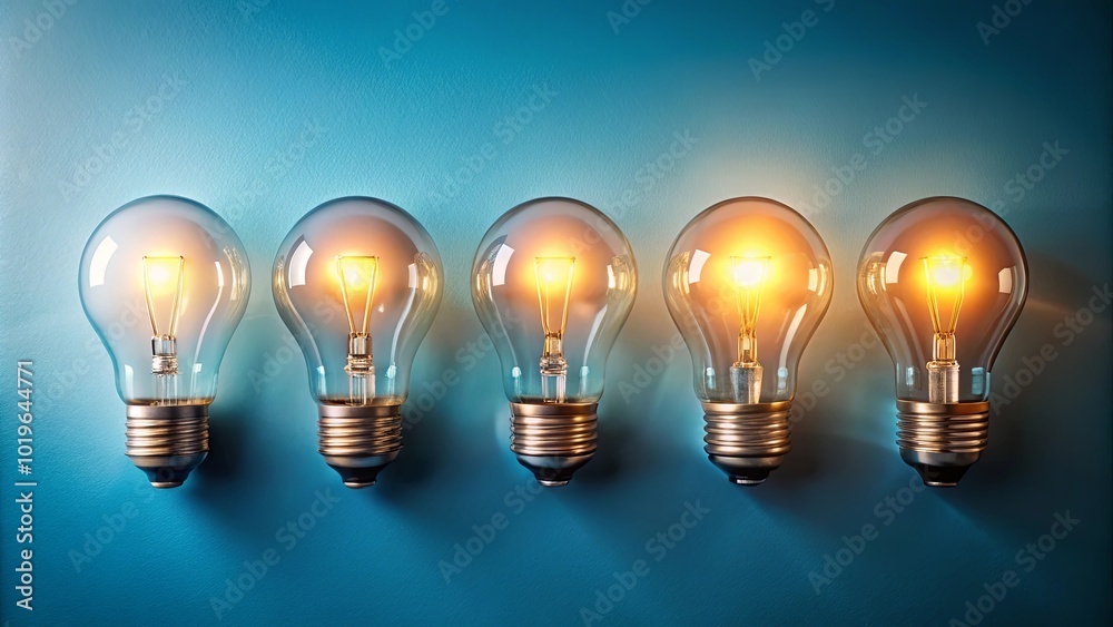 Five illuminated incandescent light bulbs arranged in a row against a vibrant blue background, symbolizing a progression of ideas or a path towards enlightenment. Five illuminated incandescent light bulbs arranged in a row against a vibrant blue background, symbolizing a progression of ideas or a path towards enlightenment.