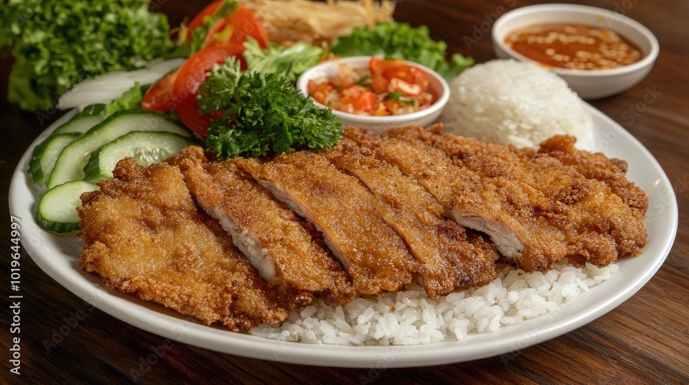 Crispy Fried Fish with Rice and Fresh Vegetables Crispy Fried Fish with Rice and Fresh Vegetables