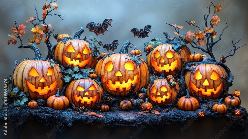 Fototapeta premium A festive display of carved pumpkins with glowing faces for Halloween.