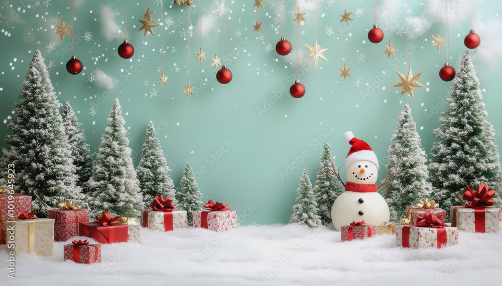 Obraz premium Playful winter wonderland with snowman, Christmas gifts, and festive decorations