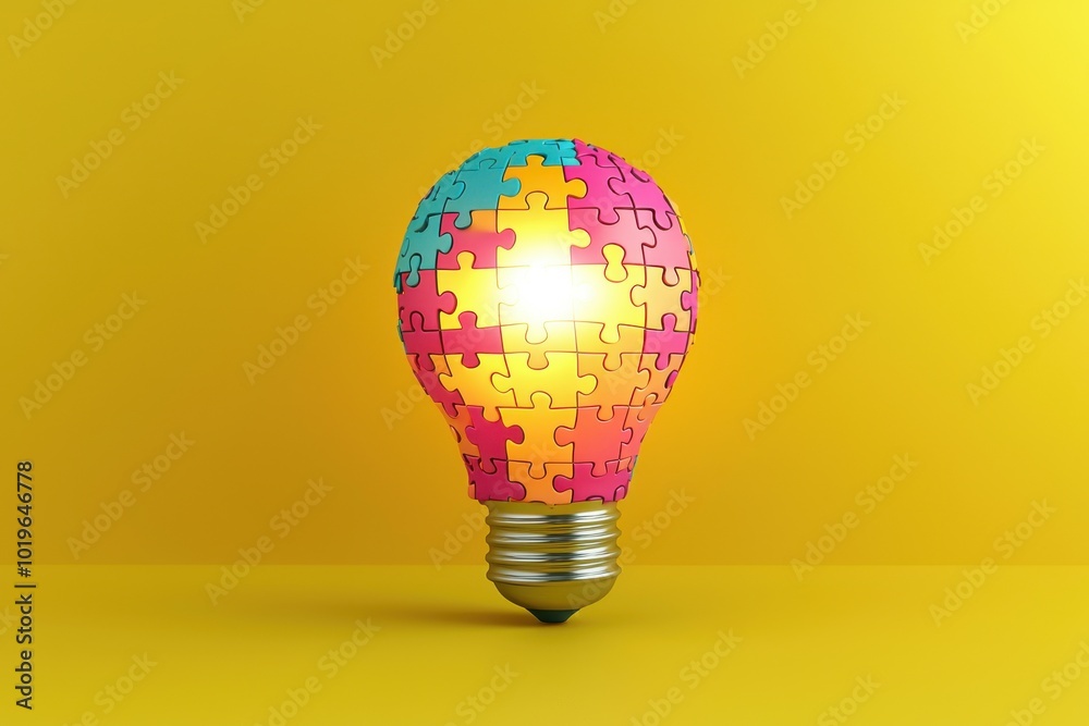 A colorful puzzle-shaped light bulb symbolizes creativity and problem-solving against a bright yellow background. A colorful puzzle-shaped light bulb symbolizes creativity and problem-solving against a bright yellow background.