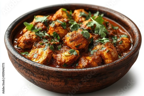 sizzling chicken tikka masala served in a traditional clay plate aromatic spices and vibrant colors showcased against a clean white background inviting and appetizing